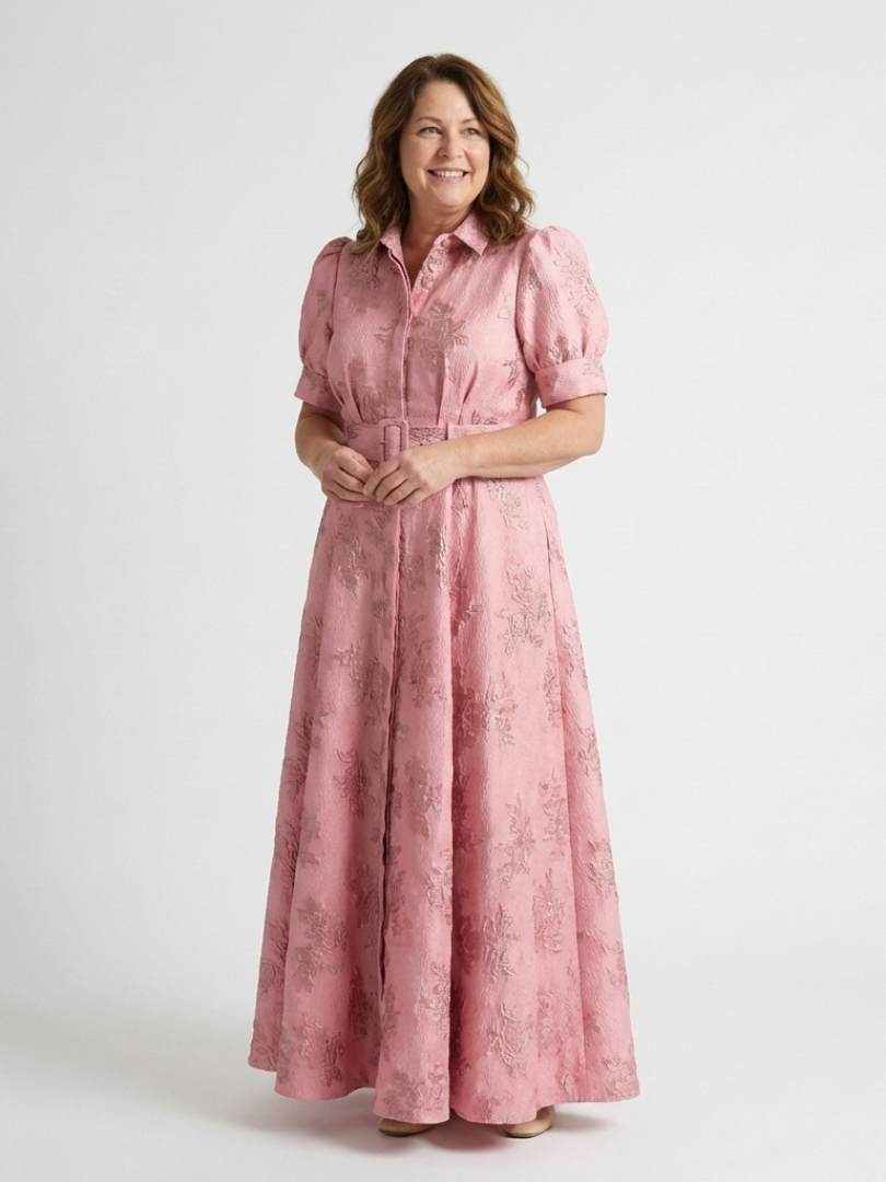 Xanthea | Short-sleeved, tailored, floral textured maxi shirt dress