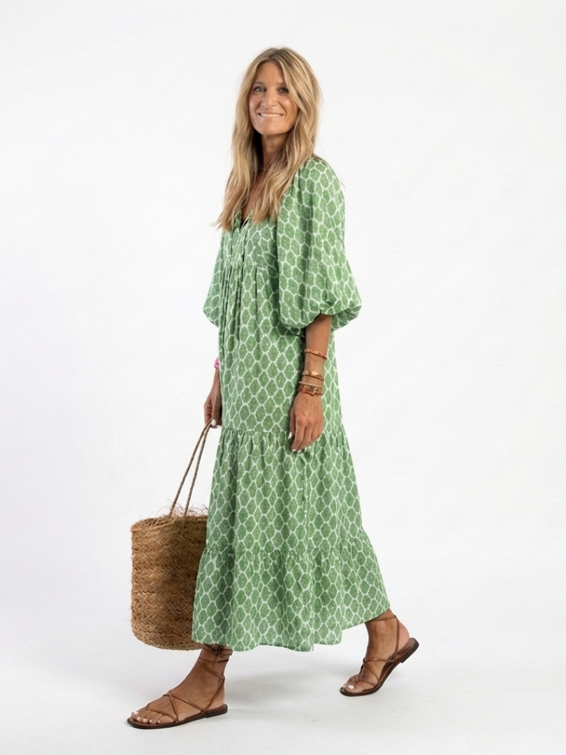 Apolline | Three-Quarter Sleeve V-Neck Printed Midi Dress