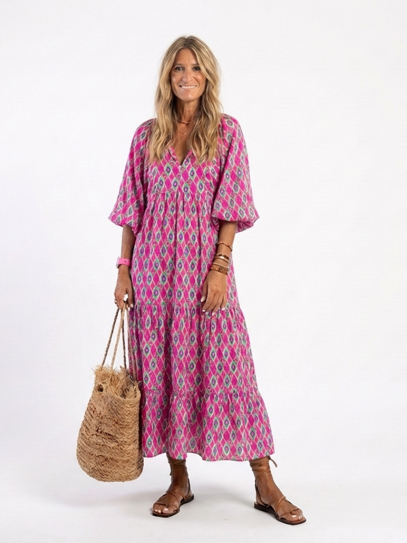 Apolline | Three-Quarter Sleeve V-Neck Printed Midi Dress