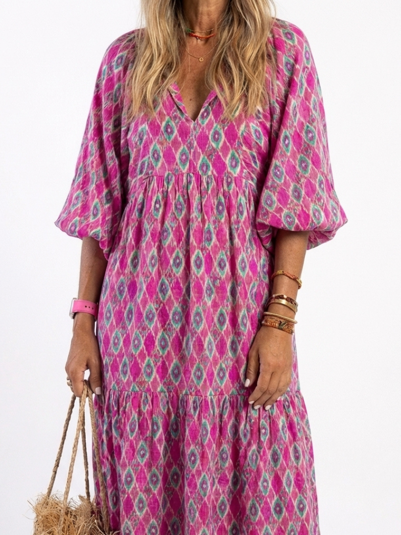 Apolline | Three-Quarter Sleeve V-Neck Printed Midi Dress