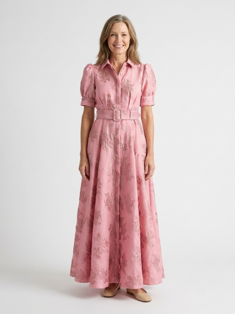 Xanthea | Short-sleeved, tailored, floral textured maxi shirt dress