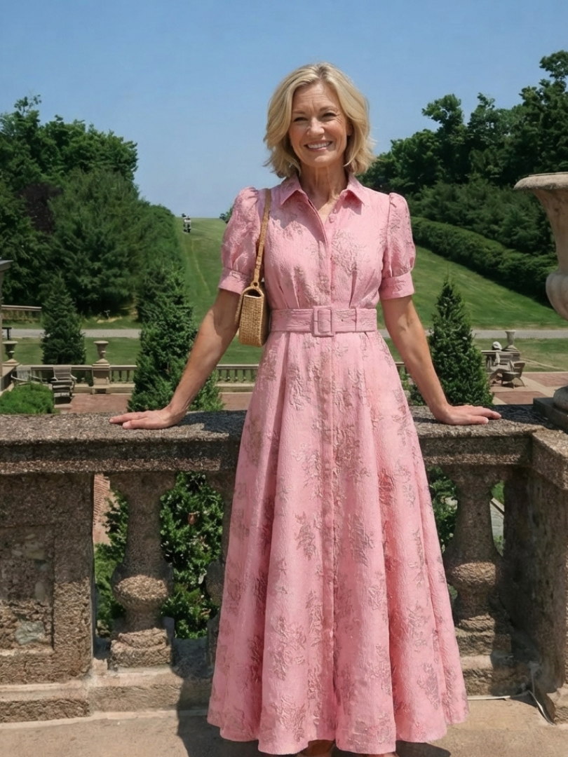 Xanthea | Short-sleeved, tailored, floral textured maxi shirt dress