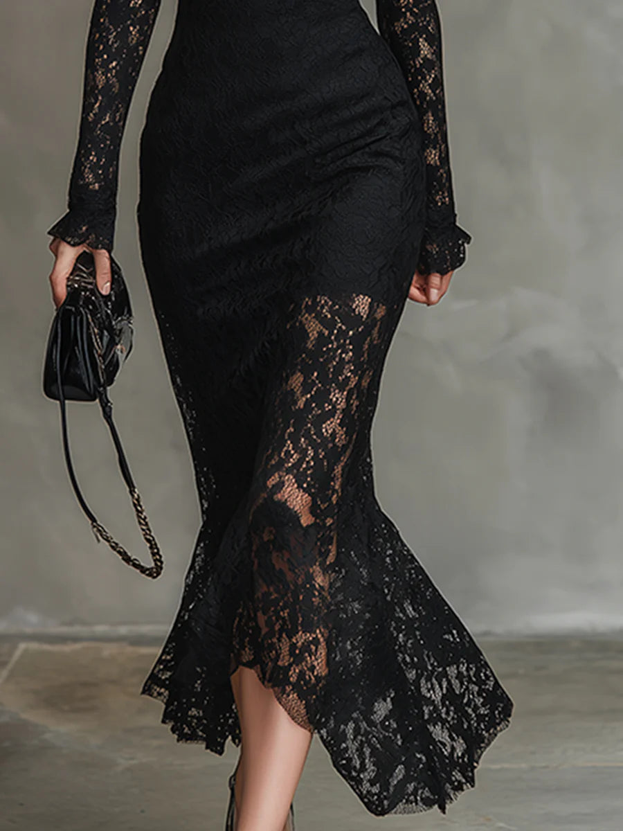 Elegant black stretchy lace fishtail maxi dress