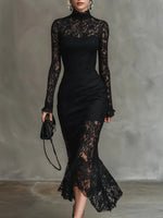 Elegant black stretchy lace fishtail maxi dress