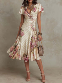Alba | Elegant Floral Ruched Wrap Midi Dress