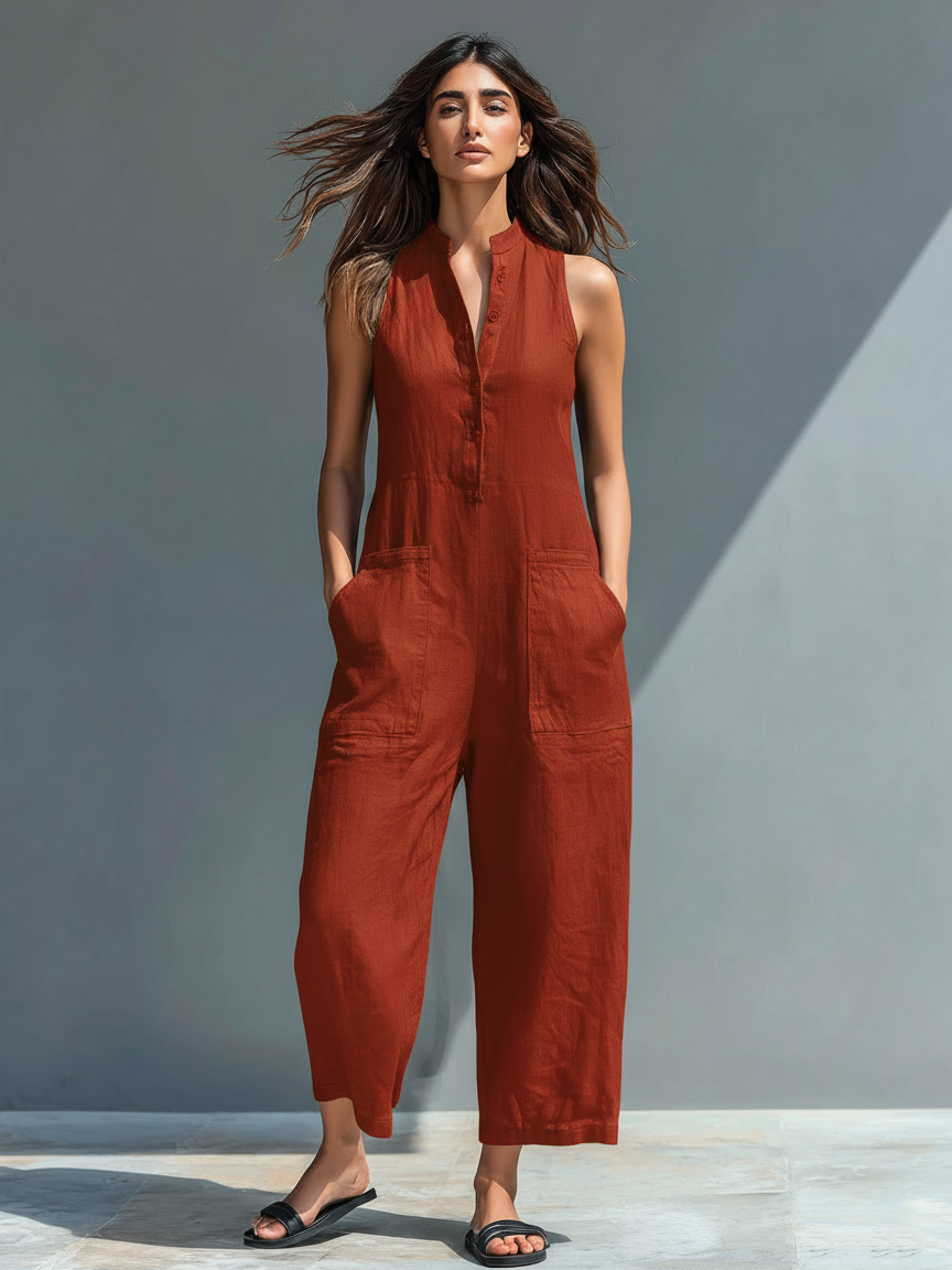 Harper | Stand-Collar Linen-Blend Jumpsuit