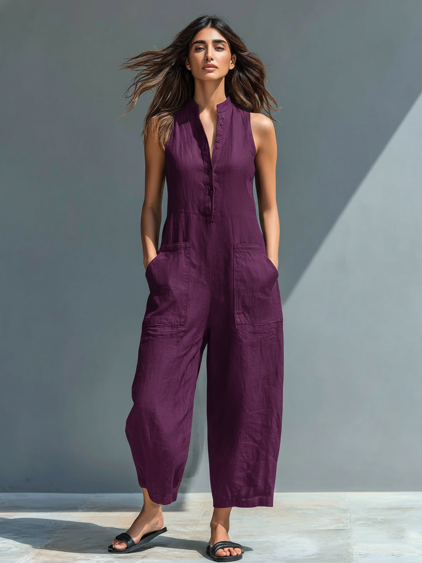 Harper | Stand-Collar Linen-Blend Jumpsuit