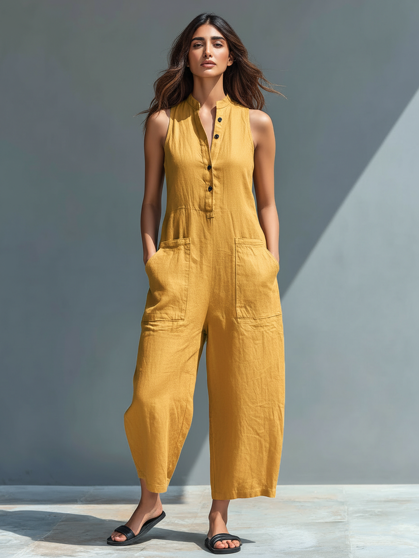 Harper | Stand-Collar Linen-Blend Jumpsuit