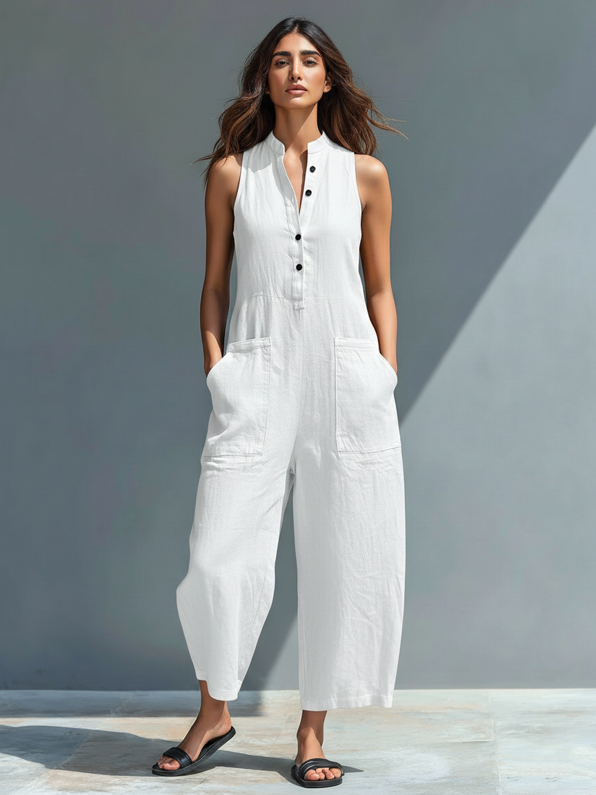 Harper | Stand-Collar Linen-Blend Jumpsuit