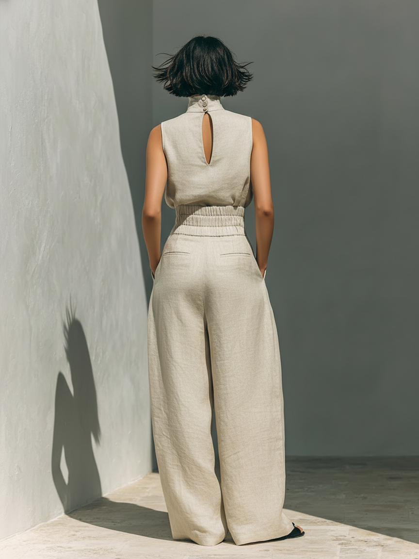 M&H | Sleeveless High-Neck Top & Wide-Leg Pants Set