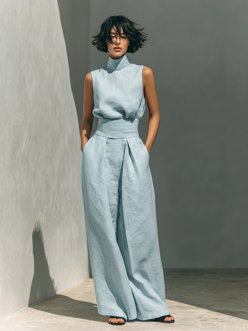 Maria - Complete with tank top and wide-leg cotton and linen minimalist pants for women