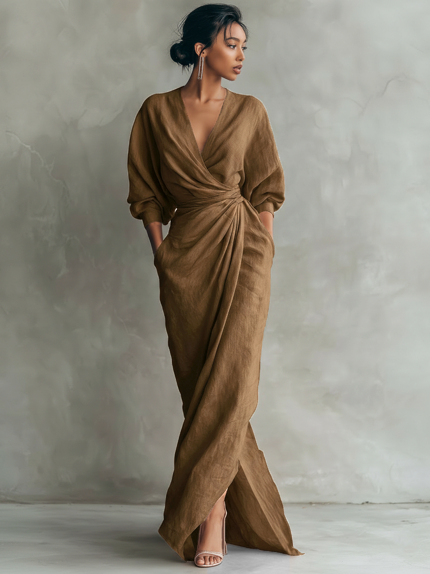 Pink Minimalist Long Dress with V-Neck in Linen Blend for Women