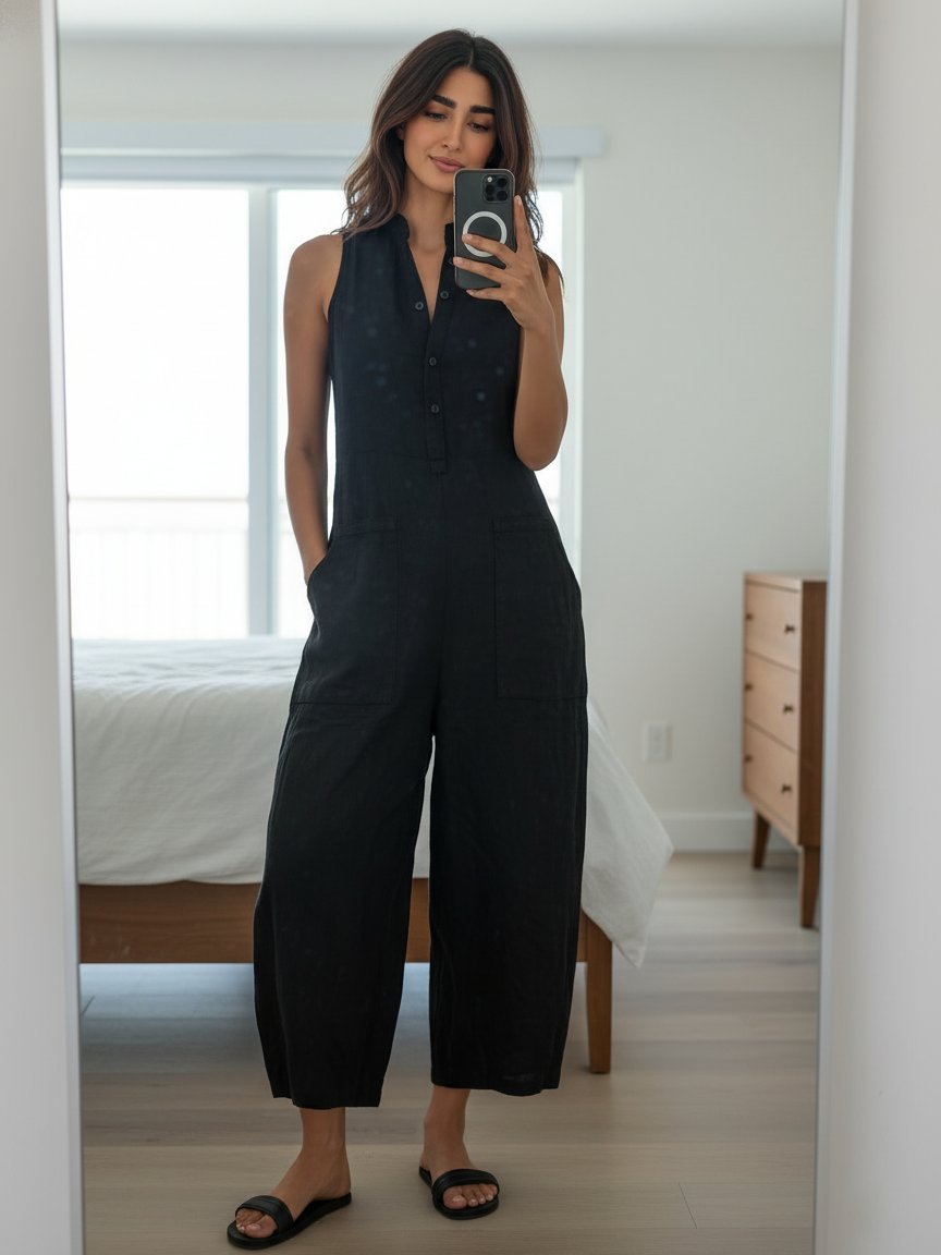 Harper | Stand-Collar Linen-Blend Jumpsuit