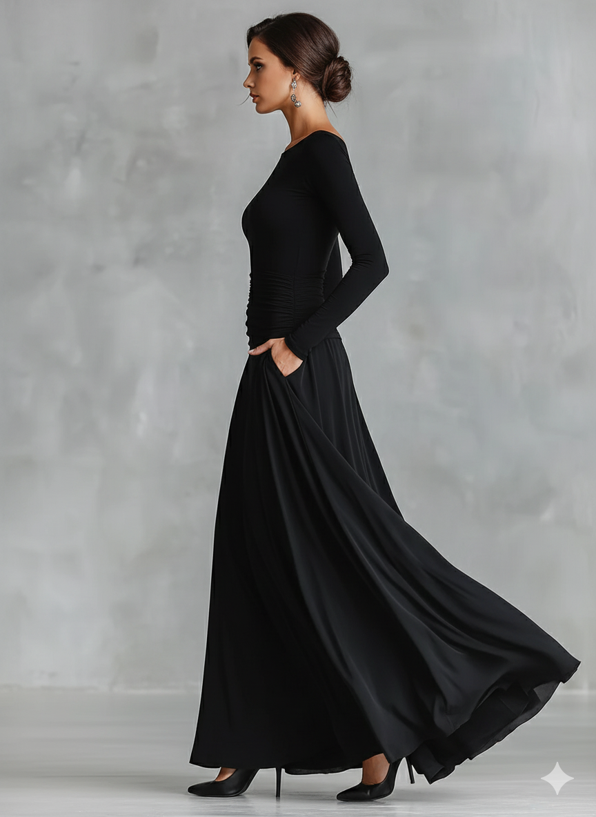 Ruched Boat-Neck Maxi Dress