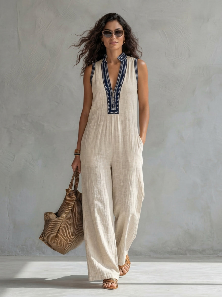 Evelyn | Cotton-Linen Sleeveless High-Neck Jumpsuit