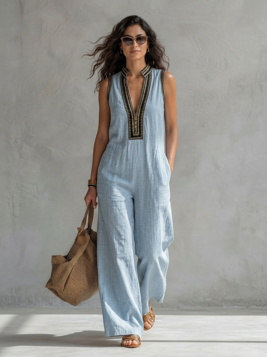 Evelyn | Cotton-Linen Sleeveless High-Neck Jumpsuit