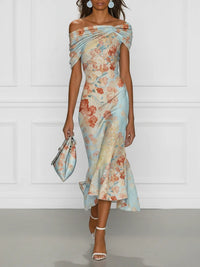 Vittoria - Midi Mermaid Dress without Sleeves with Off-the-Shoulder and Blue Floral Print