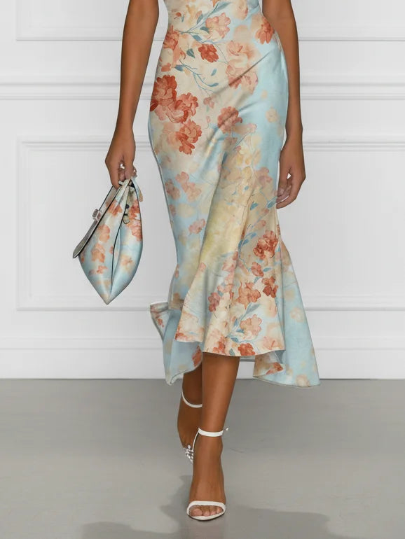 Vittoria - Midi Mermaid Dress without Sleeves with Off-the-Shoulder and Blue Floral Print