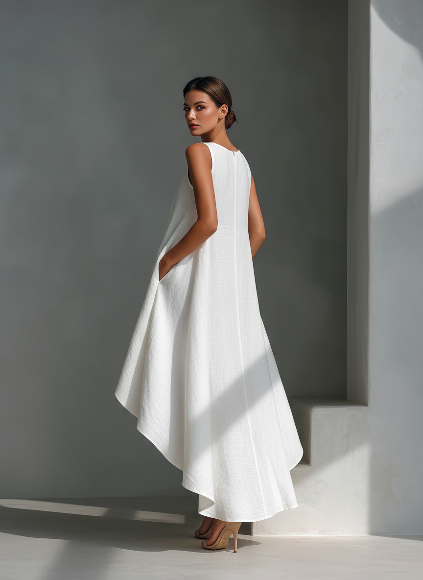 Imani | Linen Midi Dress with Asymmetric Hem