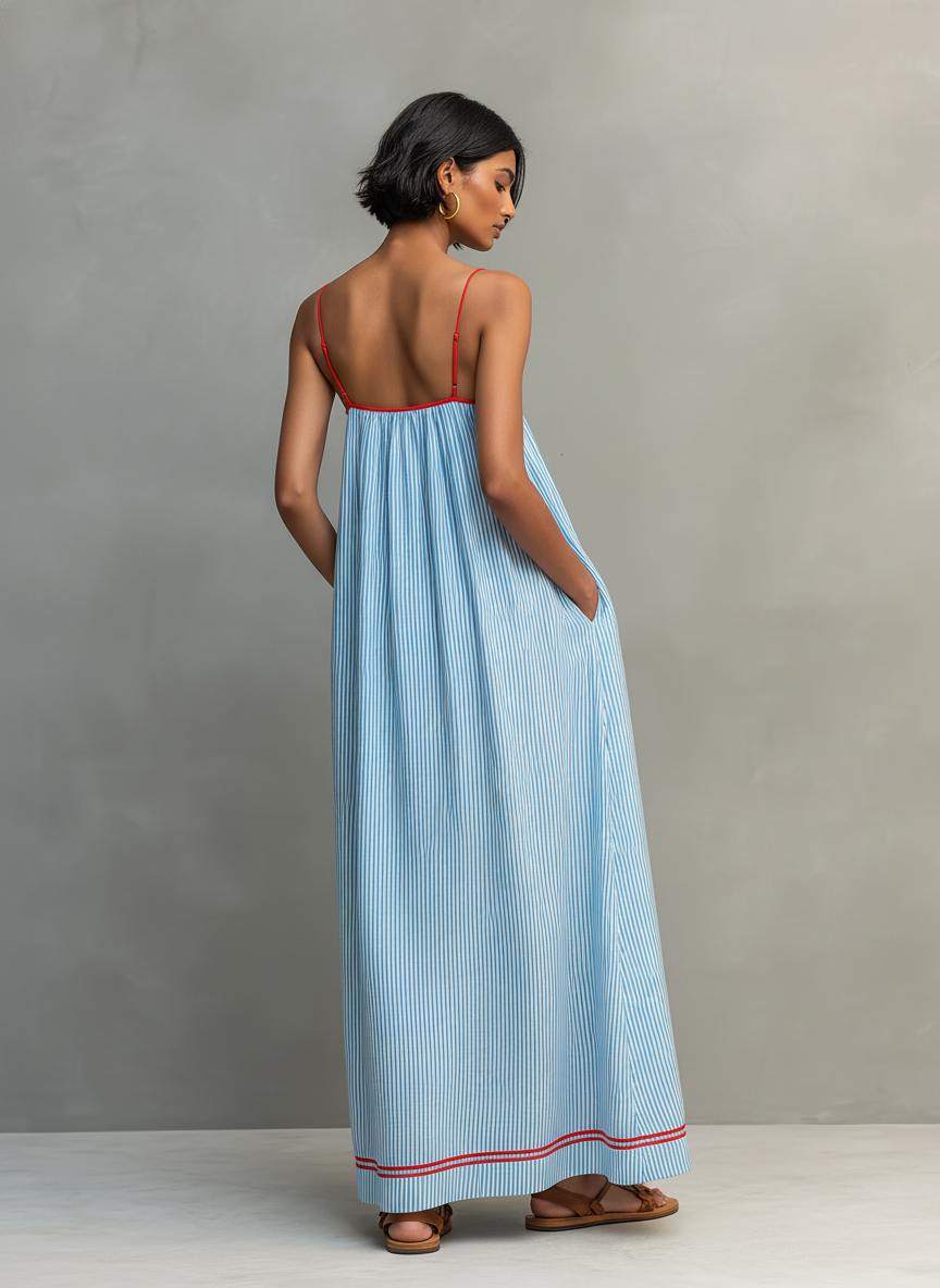 Monica | Striped Maxi Dress with Red Trim