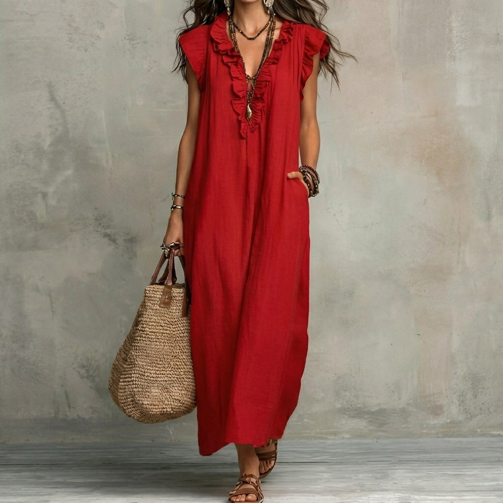 Josefina™  | Long linen-textured dress with a V-neck and ruffles