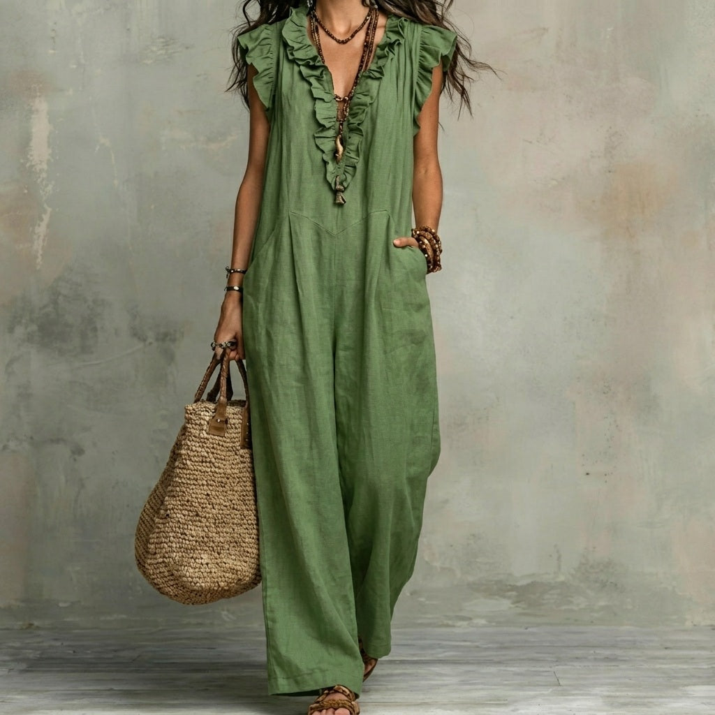 Josefina™  | Long linen-textured dress with a V-neck and ruffles