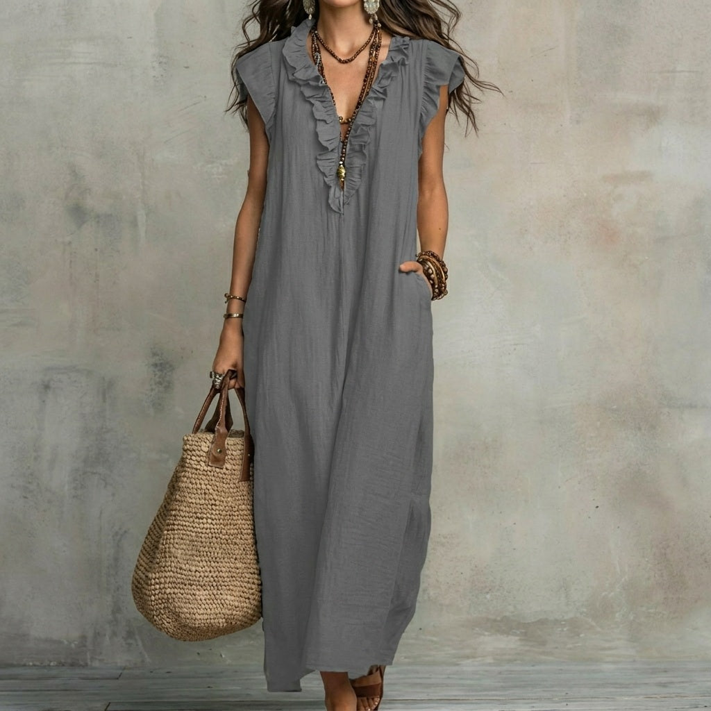 Josefina™  | Long linen-textured dress with a V-neck and ruffles