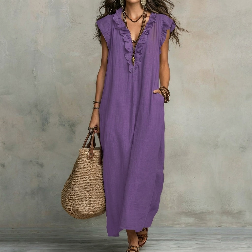 Josefina™  | Long linen-textured dress with a V-neck and ruffles