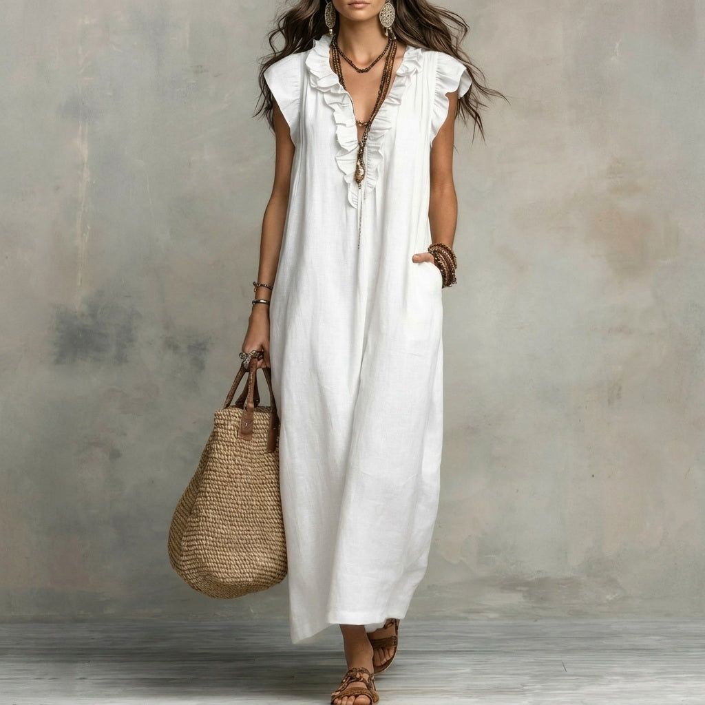 Josefina™  | Long linen-textured dress with a V-neck and ruffles
