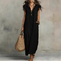 Josefina™  | Long linen-textured dress with a V-neck and ruffles