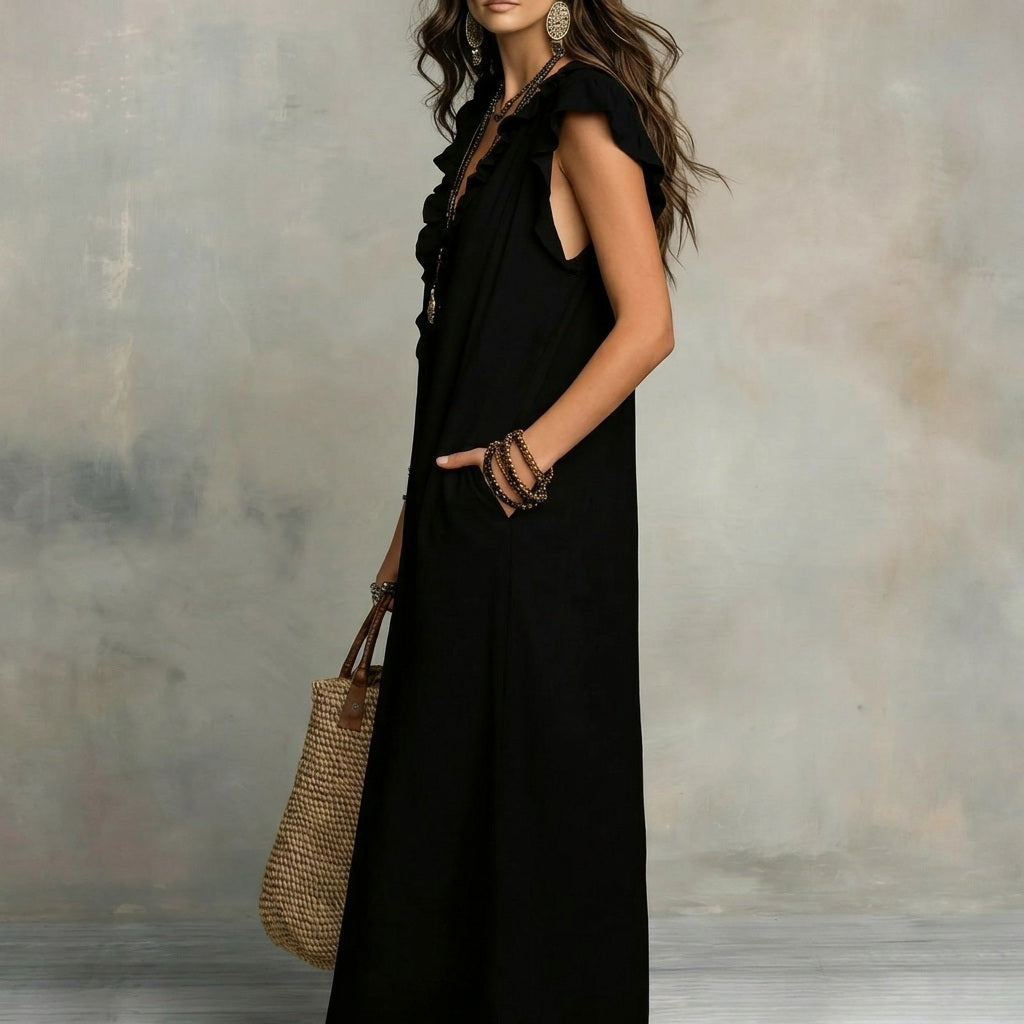Josefina™  | Long linen-textured dress with a V-neck and ruffles