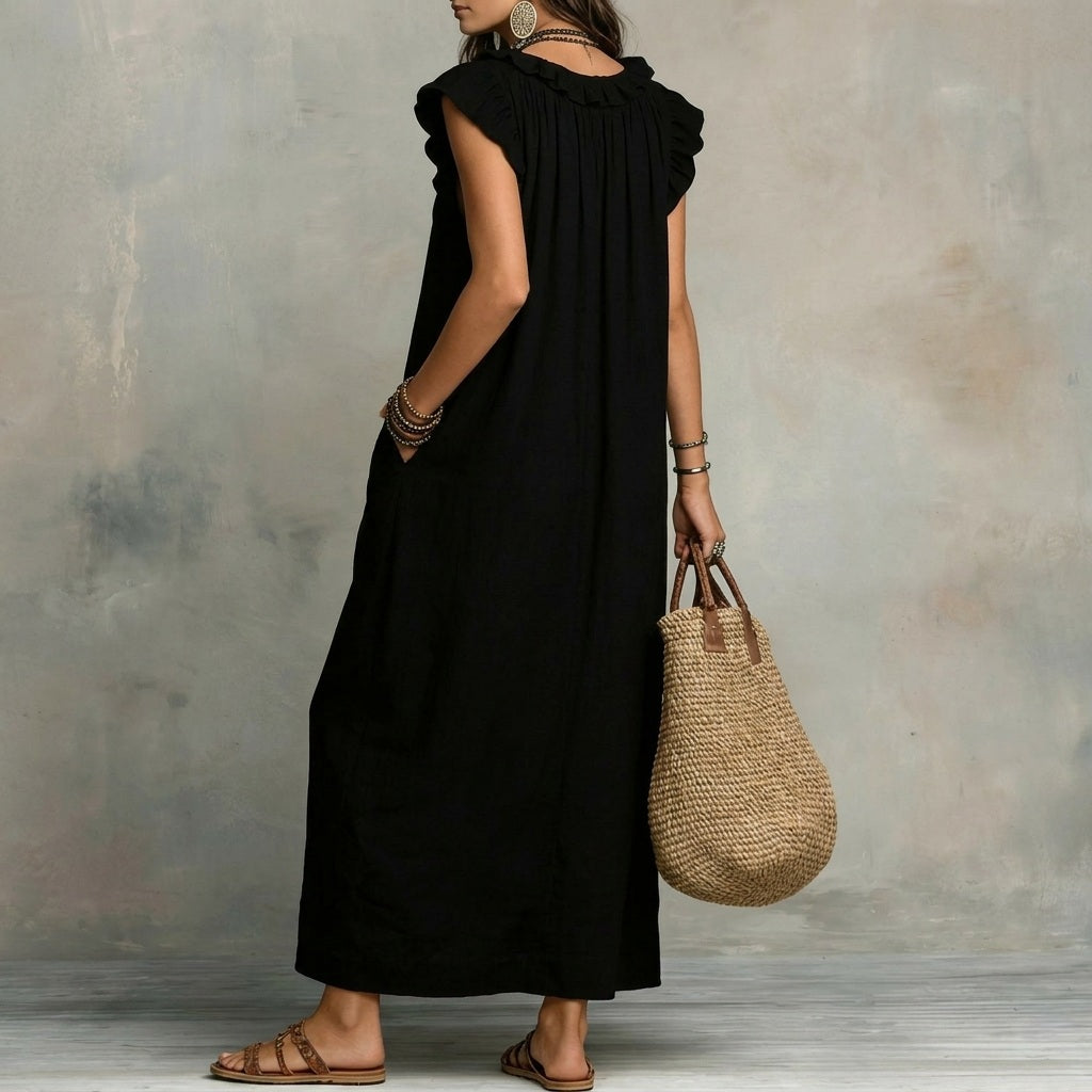 Josefina™  | Long linen-textured dress with a V-neck and ruffles