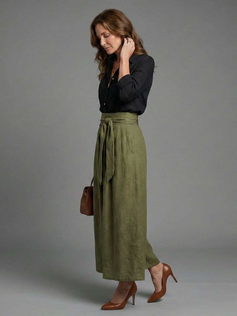 Evelyn | Two-Piece Set — Button-Front Blouse & High-Waist Olive Midi Skirt