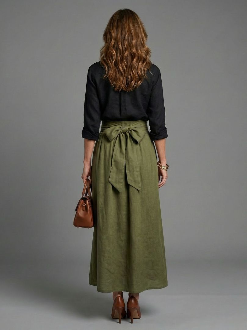 Black Button-Front Blouse and Olive Midi Skirt Set