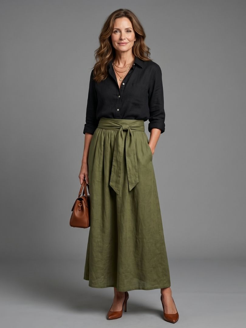 Evelyn | Two-Piece Set — Button-Front Blouse & High-Waist Olive Midi Skirt
