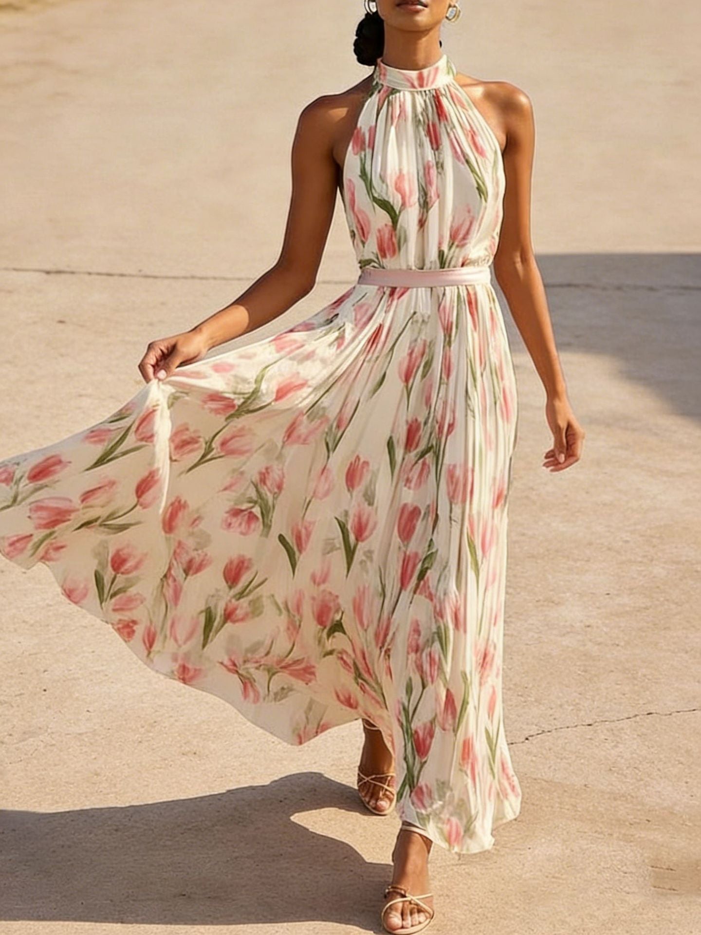Dress with High Collar and Print