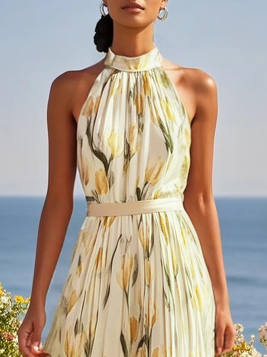 Dress with High Collar and Print