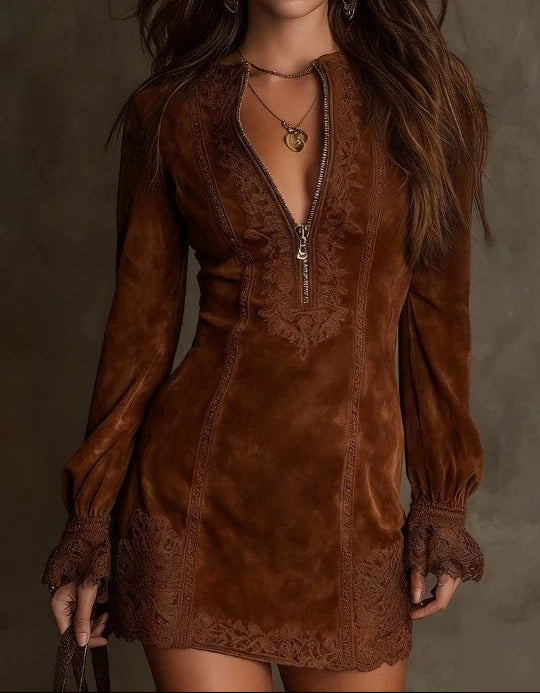 Lace-Trim Long-Sleeve Mini Dress