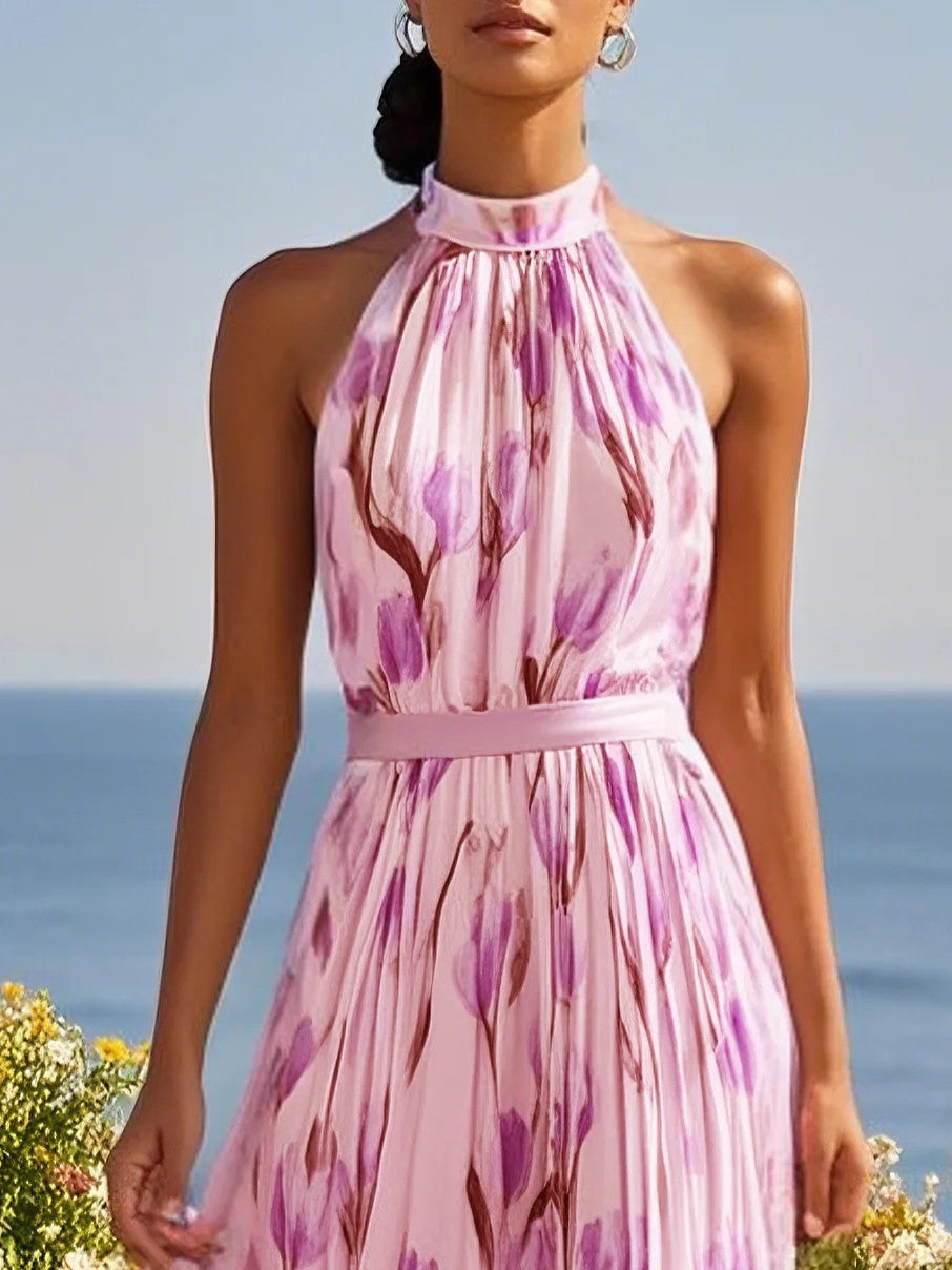 Dress with High Collar and Print