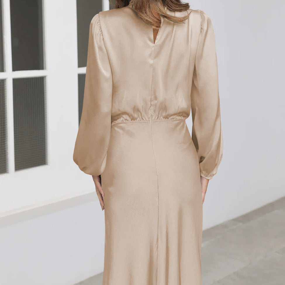 Women’s Satin High Neck Midi Dress Long Sleeve