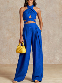 Maya | Linen Halter Crop Top & High-Waisted Wide-Leg Pants Set