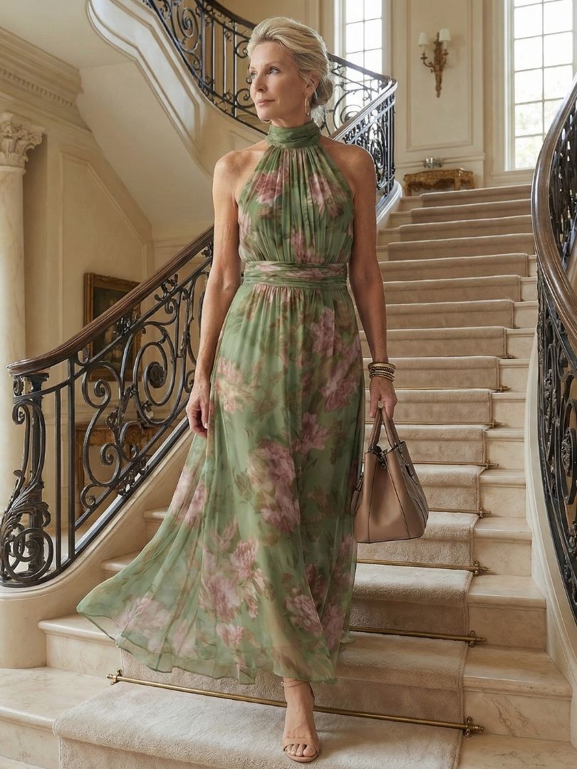 Floral Gathered Halter Midi Dress