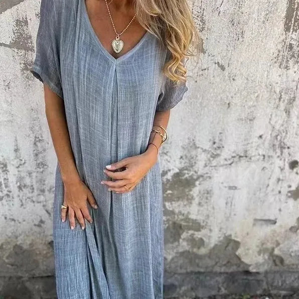 Short-Sleeve V-Neck Maxi Dress