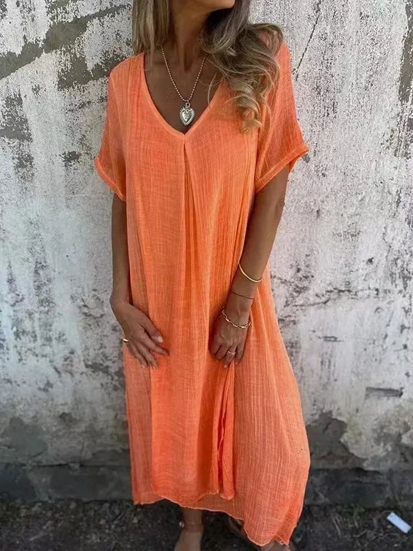 Short-Sleeve V-Neck Maxi Dress