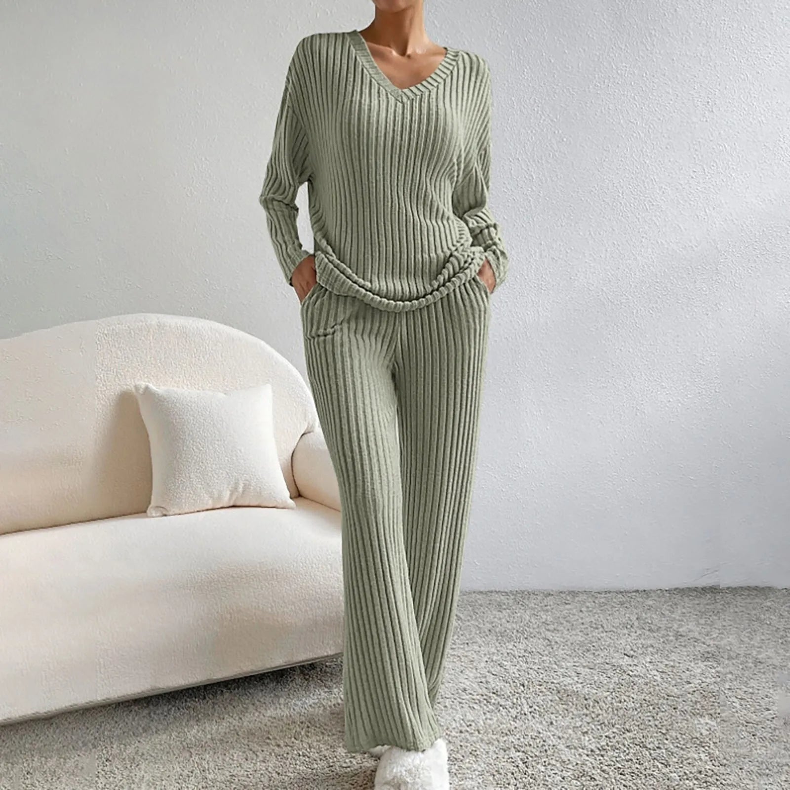 Camila | Ribbed V-Neck Top & Wide-Leg Pant Set