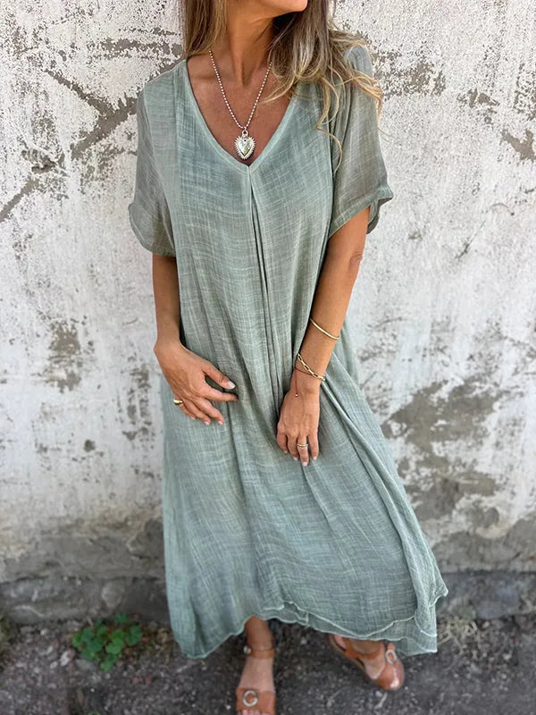 Short-Sleeve V-Neck Maxi Dress