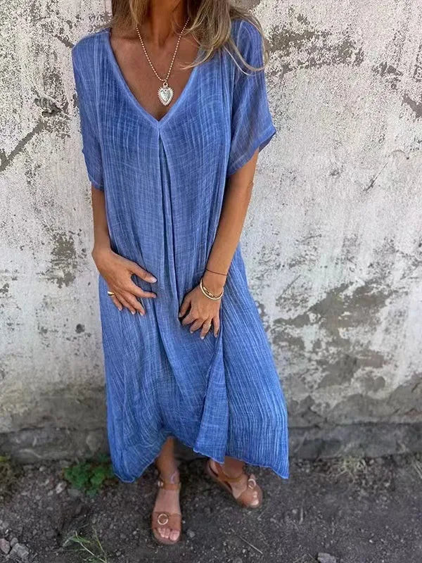 Short-Sleeve V-Neck Maxi Dress