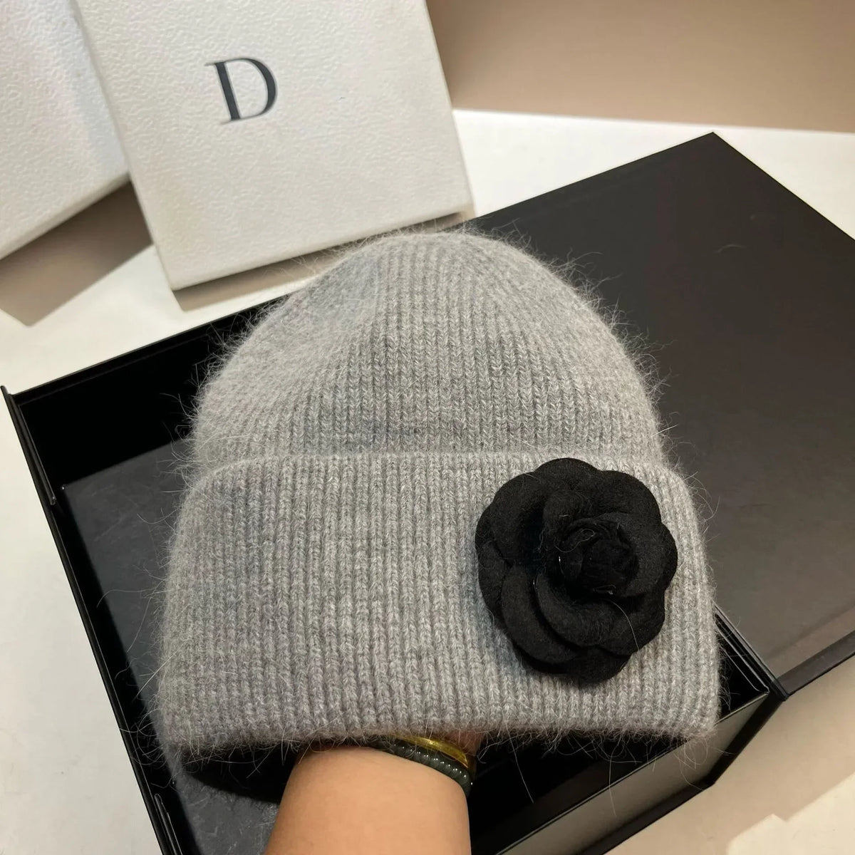 Women’s Rabbit-Fur Knit Winter Beanie – Soft Ribbed Warm Hat with Camellia Flower Detail