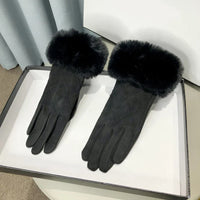 Women’s Suede Touchscreen Winter Gloves – Faux-Fur Cuff Fleece-Lined Windproof Full-Finger Cold-Weather Gloves