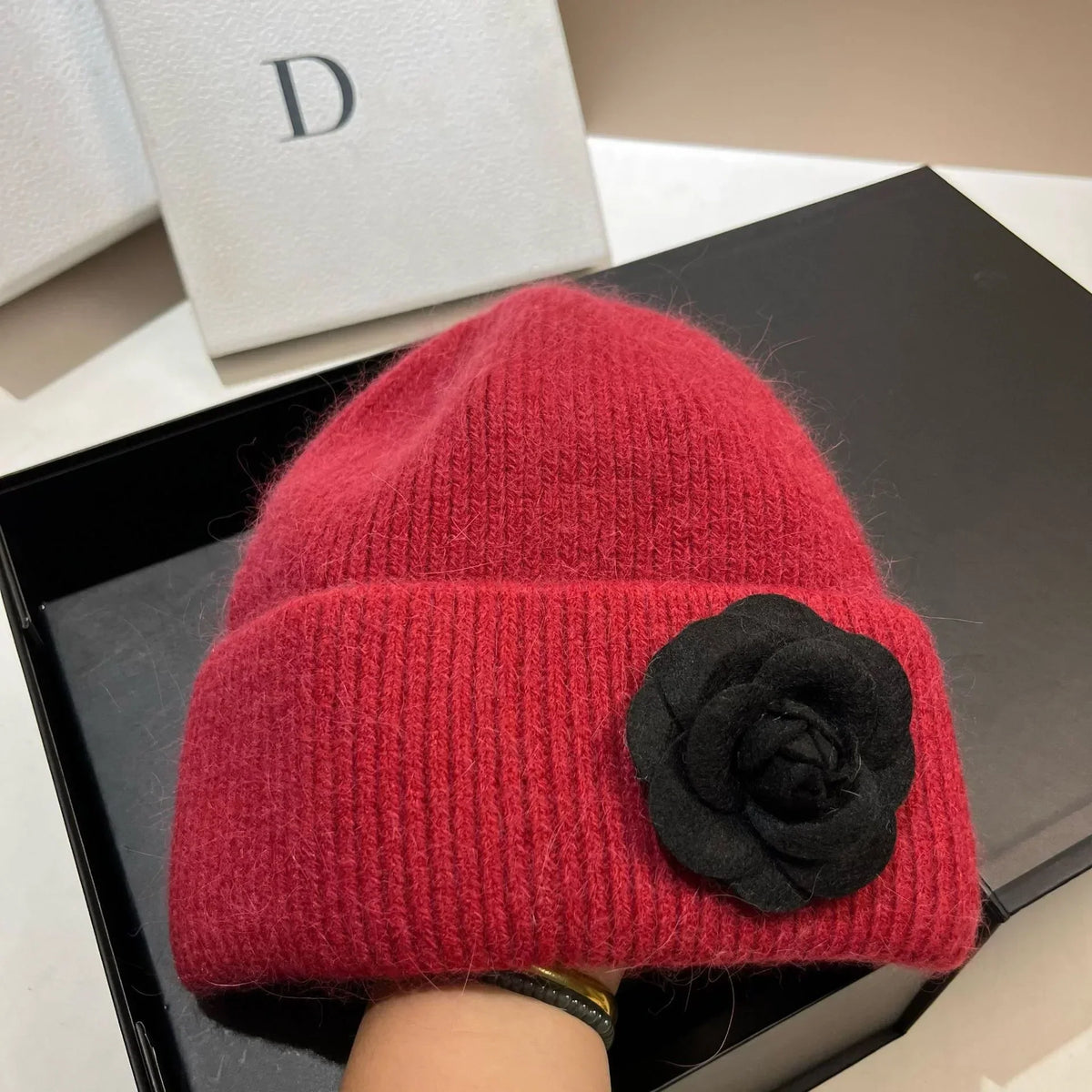 Women’s Rabbit-Fur Knit Winter Beanie – Soft Ribbed Warm Hat with Camellia Flower Detail